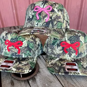 Otto Cap Red Bow Camo Trucker Hat - Country Girl Coquette Aesthetic, Fitted Cotton Hat for Hunting Season, Southern Gift for Her, USA Fourth of July Outfit