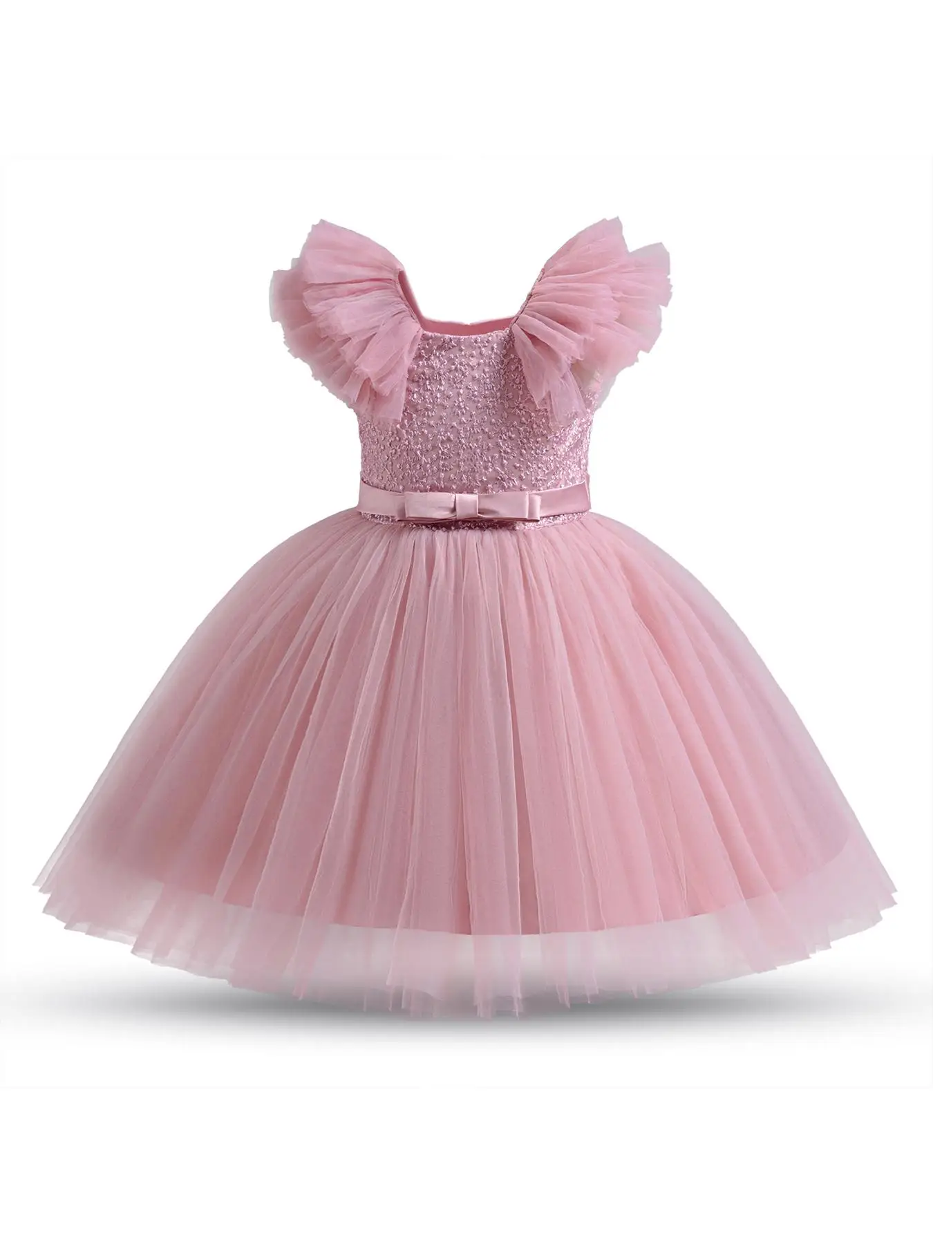 Girl's Elegant Belted Ruffle Layered Sleeve Tulle Dress, Exquisite Trendy Round Neck Fit and Flare Dress for Party Wedding Guest, Kids Clothes for All