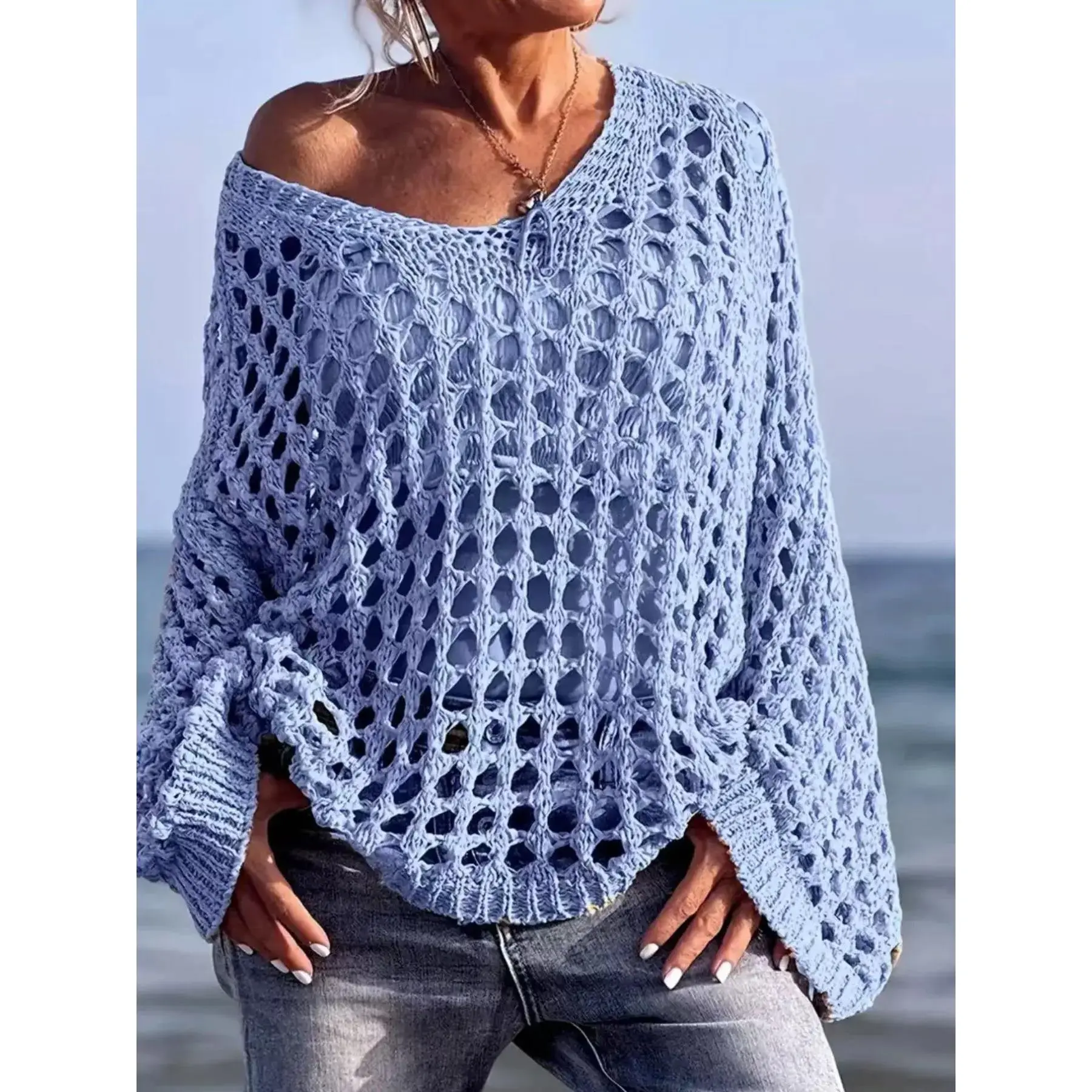 Women's Hollow Out V Neck Knit Sweater, Loose Batwing Sleeves, Shoulderless, Long Sleeve, Casual Vacation Wear, Knitwear Bohemian Tops, Cozy, Classic, Lightweight, Comfy, Versatile