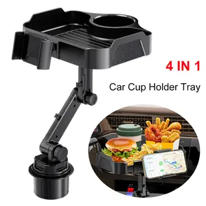 4 IN 1 Car Cup Holder Tray, Cup Holder Expander Adapter for Car, 10” Detachable Car Food Tray Table for Eating, Multi-Functional Car Tray with Phone Holder, Road Trip Essentials Car Accessories