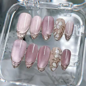 Aura Nails - Elegant Romantic Cat Eye Floral Press On Nails - Pink Gold Spring Handmade Reusable Custom Fingernails - Gel Fake Nails - Glue on Nails