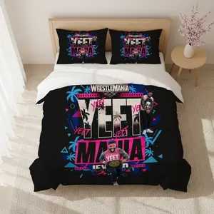Exciting Wrestling Superstar Comforter Set, Jay Uso & Yeet Slogan Trendy Design, Neon Tropical Colors Revisits Wrestlemania Party Scene, Decorative Bedding Set