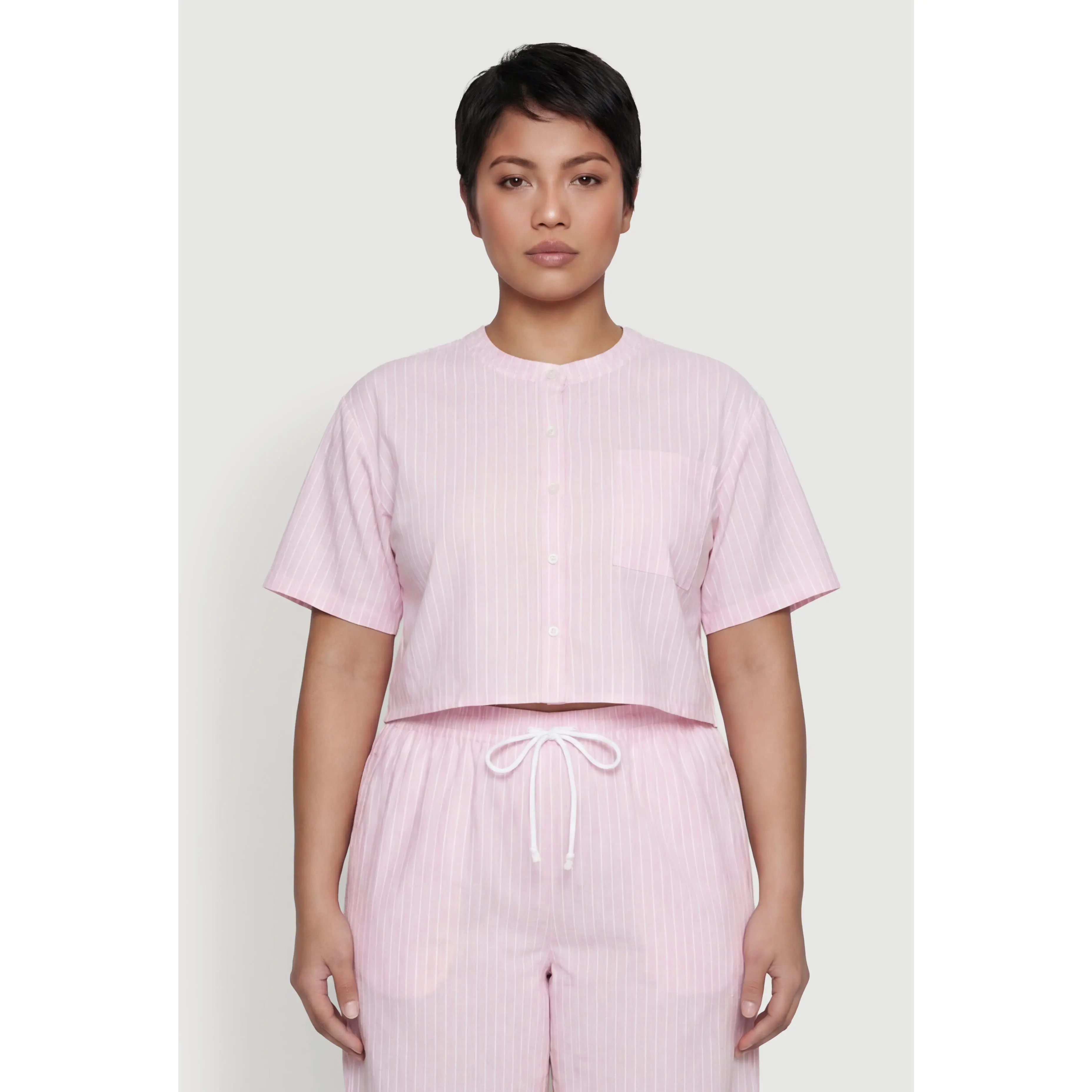 Plus Size Striped Poplin Button Front Short Sleeve Shirt Plus Size Striped Poplin Button Front Short Sleeve Shirt