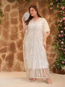 Luxurious Sequined Robe Dress, Flowing Cape Formal Evening Gown, V-Neck Long Party Dress, Perfect for Special Occasions