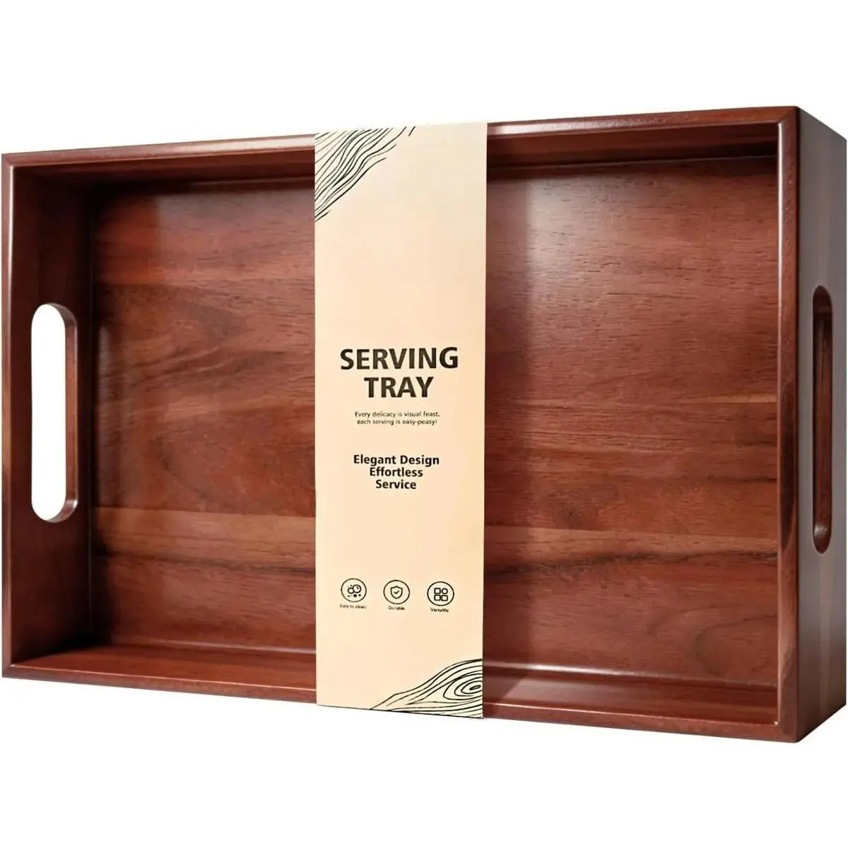 Natural Wood Acacia Serving Tray with Ergonomic Grip Handles, 17x12in Large Tray for Food & Drinks - Kitchen Organization Organiser, Multifunctional Home Accessory with Free Oil-Resistant Non-Slip Leather Mat