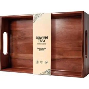 Acacia Wood Serving Tray with Handles, 17 x 12 Inch Large Wooden Tray for Food & Drinks, Coffee Table, Ottoman, Breakfast in Bed – Includes Free Leather Mat