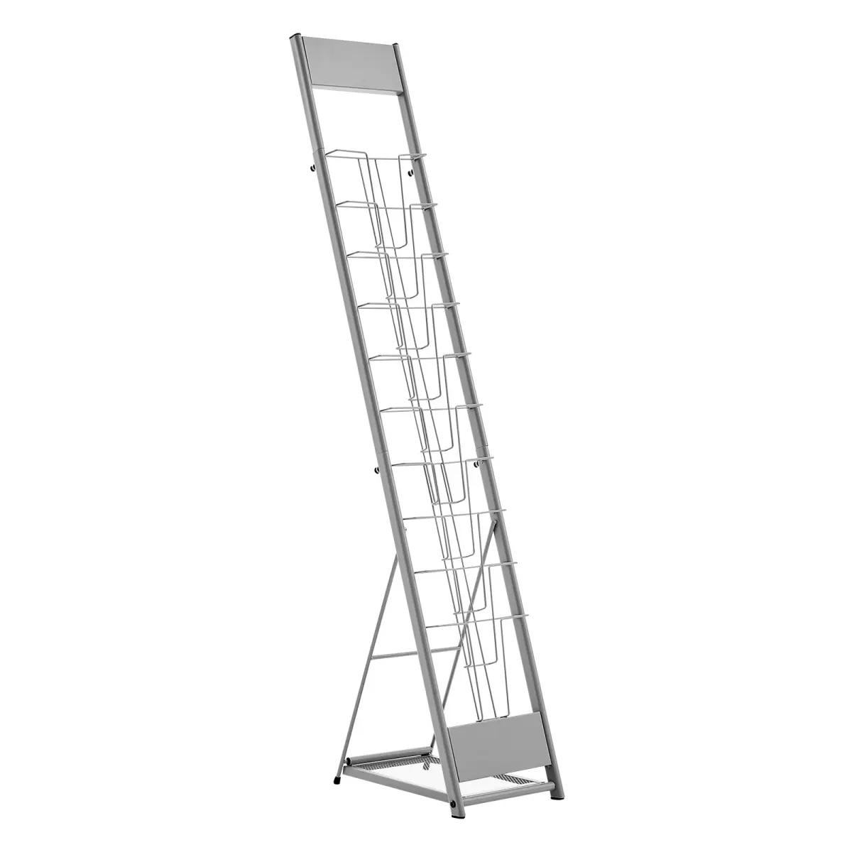 10-Compartment Smooth Silver Corrosion-Resistant Metal Cast Iron Brochure Display Rack - 9.85 lbs Portable Floor-Standing Organizer, Literature & Newspaper Holder for Shop, Office