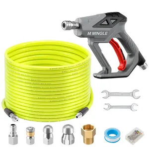 M MINGLE Sewer Jetter Kit for Pressure Washer 100 FT, Drain Cleaner Hose with Power Washer Wand, 1/4 Inch NPT Corner Rotating and Button Nose Sewer Jetting Nozzle, Orifice 4.0, 4.5