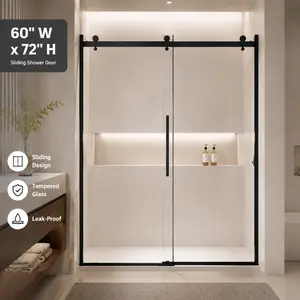 60"x72" Frameless Sliding Shower Door, 1/4" CE Tempered Glass, Black Aluminum Rail, Stainless Steel Handle, Reversible Installation