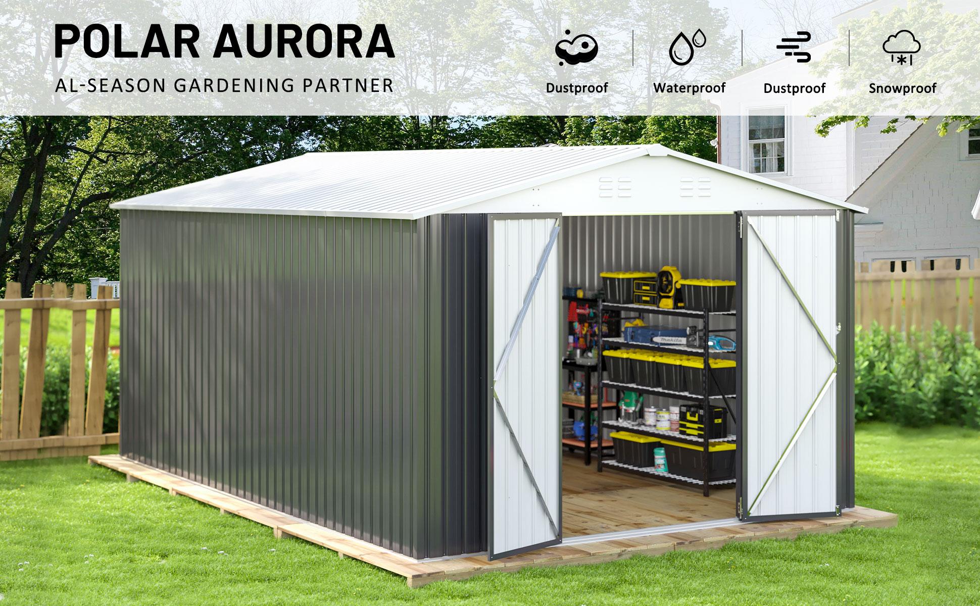 10x14 Outdoor Storage Shed, Garden Shed with Updated Frame Structure and Lockable Doors, Metal Tool Sheds for Backyard Garden Patio Lawn, White