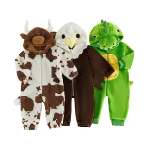 Infant Baby Halloween Costumes Dinosaur/Hawk/Highland Cattle Plush Zip Front Long Sleeve Hooded Romper Fall Winter 0-24 Months