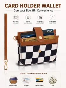 1pc Black & White Checkered Card Holder Wallet , Multi-Function Mini Coin Purse with Detachable Wrist Strap, Large Capacity Card Organizer with Cash Compartments, Lightweight Portable Wallet Gift for Mom, Travel & Daily Use