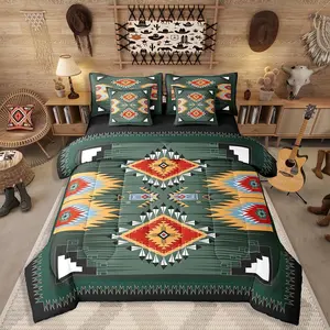 Boys Western Decor 7-Piece Boys Comforter Set,Bohemian Aztec Bedding Set,Exotic Southwestern Geometric Bed in A Bag Rustic Farmhouse Sheets for Kids Teens Adult Men,Green
