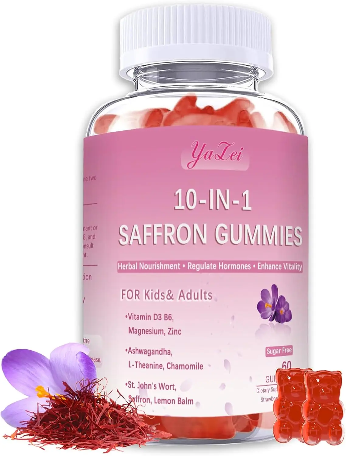 Saffron Supplements Gummies Sugar Free,with Ashwagandha,L-Theanine,Chamomile,St. John's Wort,Lemon Balm,Vitamin D3 B6, Magnesium,Zinc Gummies for Zzz, Mood, Focus & Vision 60 Cnt