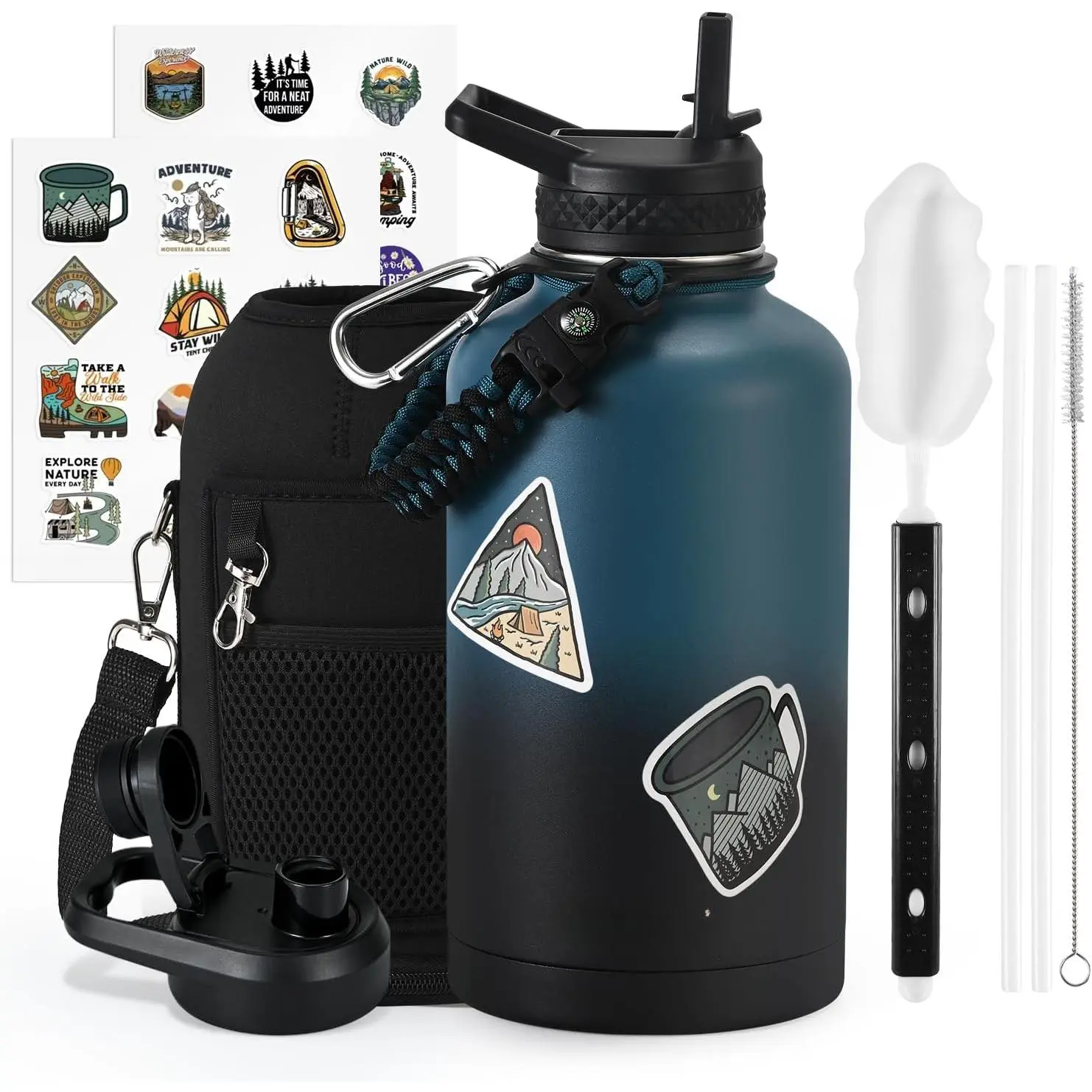 64 oz Insulated Water Bottle with Straw (Cold for 48 Hrs), Half Gallon Stainless Steel Triple Wall Vacuum Sports Water Jug, Leakproof Hydro Cup Flask with Straw Spout Lids & DIY Stickers