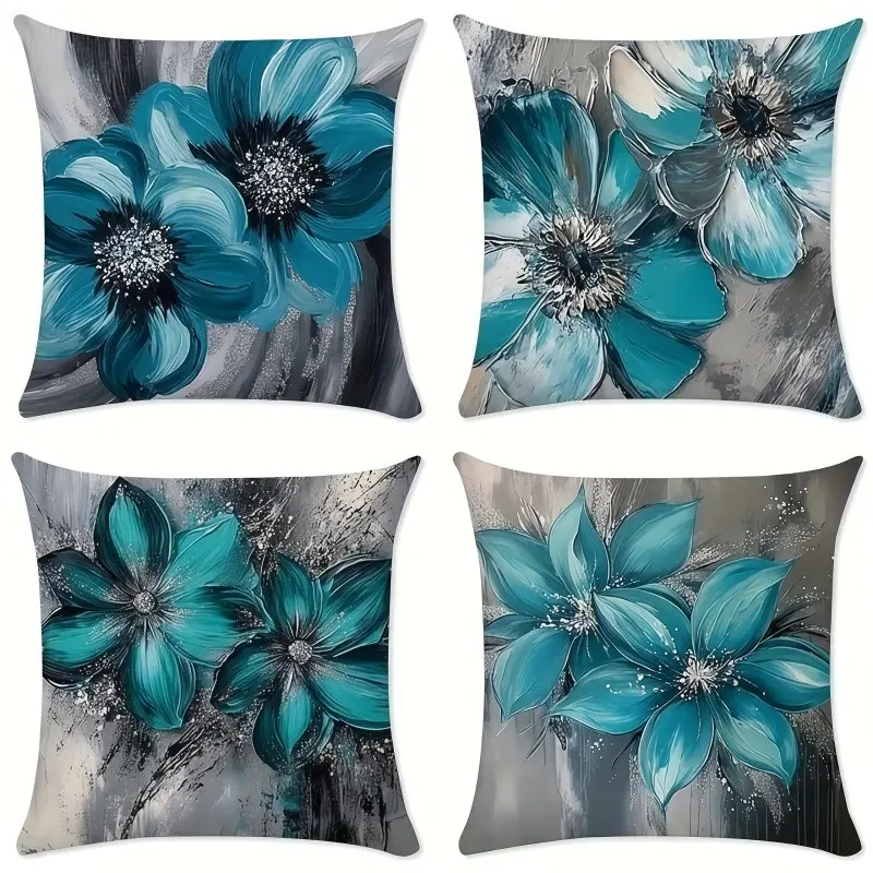 4pcs-Bohemian Themed Throw Pillow Covers,  Bohemian Mandala Pattern, Blue Flower Series, Suitable Spring Living Room, Bedroom, Sofa and Bed Decoration, 2D Flat, Single Sided Printing, No Pillow Core, Bedroom Decorative Accessories
