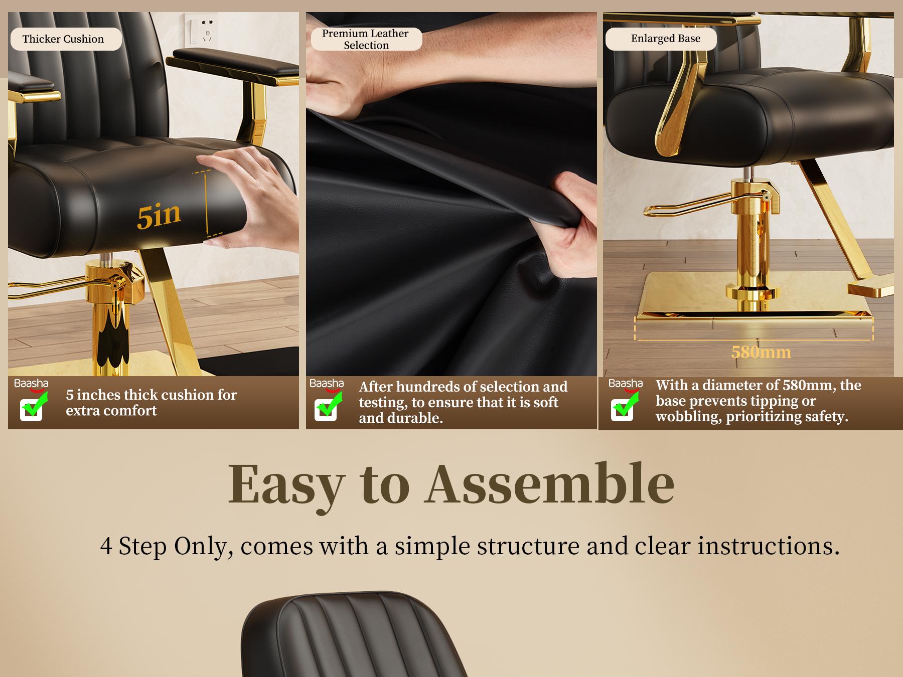 Baasha Luxury Black & Gold Salon Chair | Thick Memory Foam Cushion | 330lbs Heavy Duty | 360° Swivel & Adjustable Height | Ergonomic Fit for Stylist 5’0”-5’8” | Premium PU Leather Professional Hair Styling Chair