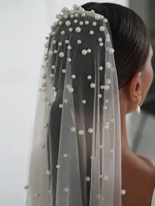 Short Vintage Beaded Bridal Veil with Artificial Pearls and Comb Wedding Accessory for Fingertip Length Brides