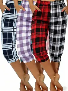3-Pack Grid Patchwork Print Casual Capri Pants, Butterfly Knot and Pockets, Comfortable Wear-Outside Home Pants, Stylish and Practical