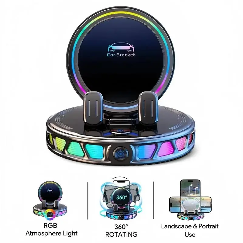 360° Rotating Wireless Charging Car Phone Mount with RGB Ambient Light – Ultra-Stable Vacuum Suction & Auto-Lock Holder for Dashboard & Windshield, Fits iPhone & Android,Enhance the pleasant atmosphere, car companion
