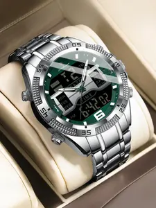 Men's Business Fashion Round Dial Analog-digital Quartz Watch, Stainless Steel Watches, Fashion Watch with Date & Week Display Function, Trendy Watch for Daily Life