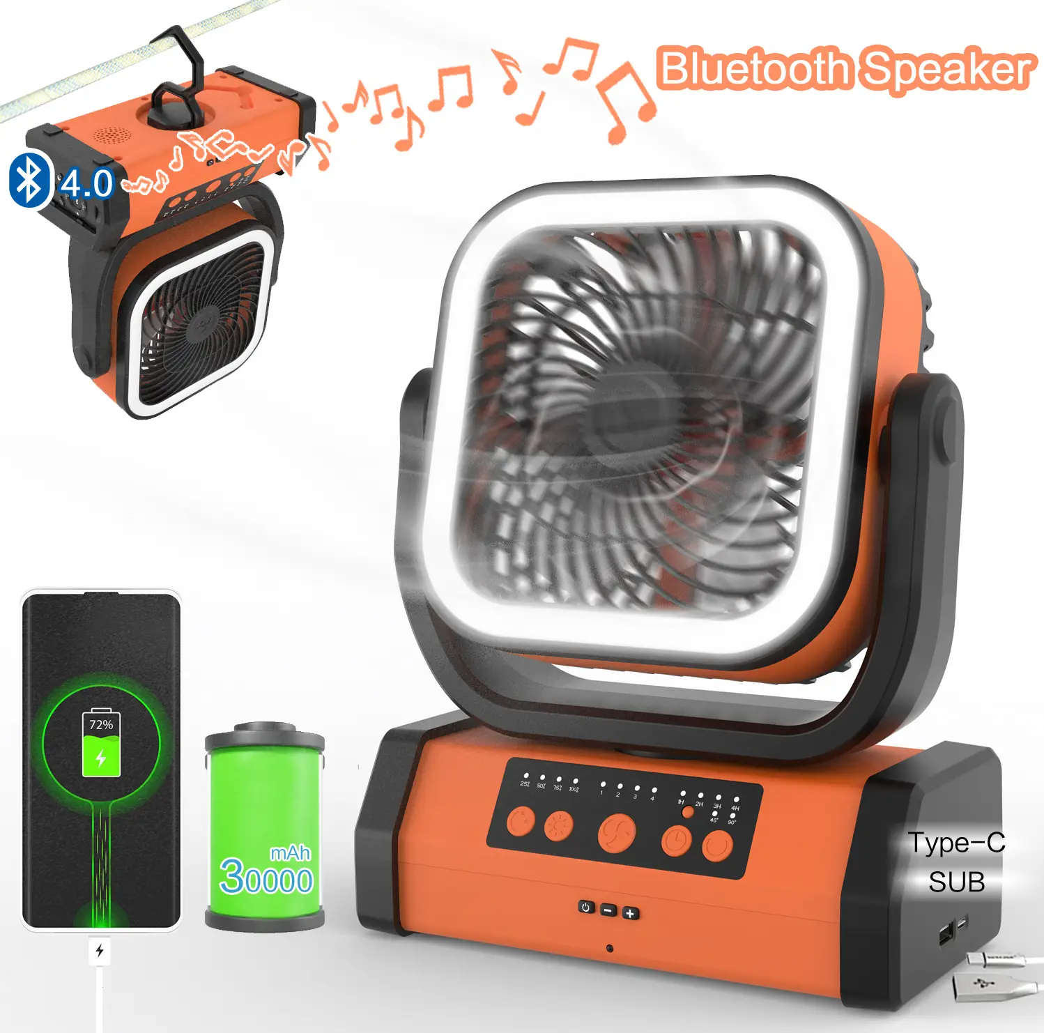 Multifunctional 30000mAh Camping Fan with LED Light, Bluetooth Speaker & Remote, USB-C Rechargeable, for Emergency, Travel, Outdoor, Tent, Home, Offic