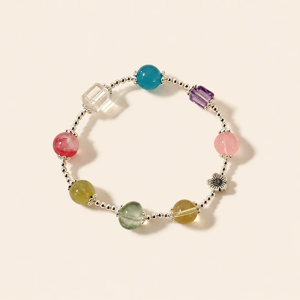 Multi Crystal Beaded Bracelet, Amazonite &Rose Quartz &Citrine &Green Quartz &Green Mica & Amethyst &Clear Quartz Cherry Blossom Gemstone Bracelet