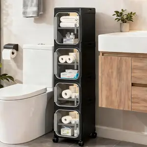 Black White Slim Home Storage Cabinet No Installation Foldable Movable With Wheels Magnetic Door Transparent Bedroom Living Room Kitchen Gap Organizer