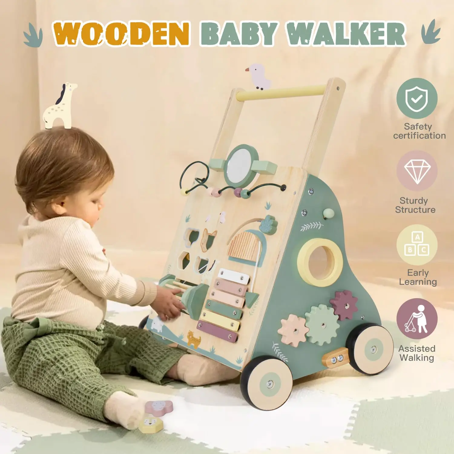 labebe | Wooden Baby Push Walker, Woodland Montesssori Activity Walker for Toddlers