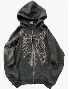 Gothic Hooded Sweater Retro Bone Print Hooded sweatshirt Y2K zip-up jacket Grunge Hooded Sweater Harajuku upper garment Unisex Oversized Acid Wash Hoodie graphic hoodies Vintage