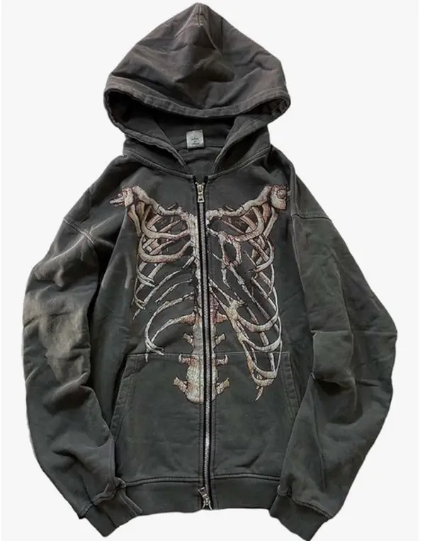 Gothic Hooded Sweater Retro Bone Print Hooded sweatshirt Y2K zip-up jacket Grunge Hooded Sweater Harajuku upper garment Unisex Oversized Acid Wash Hoodie graphic hoodies Vintage