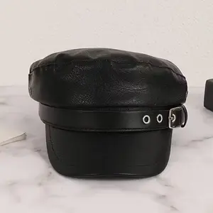 Black PU leather navy cap, men's British style buckle baseball cap, fashionable octagonal cap, women's casual leather cap for spring and autumn.