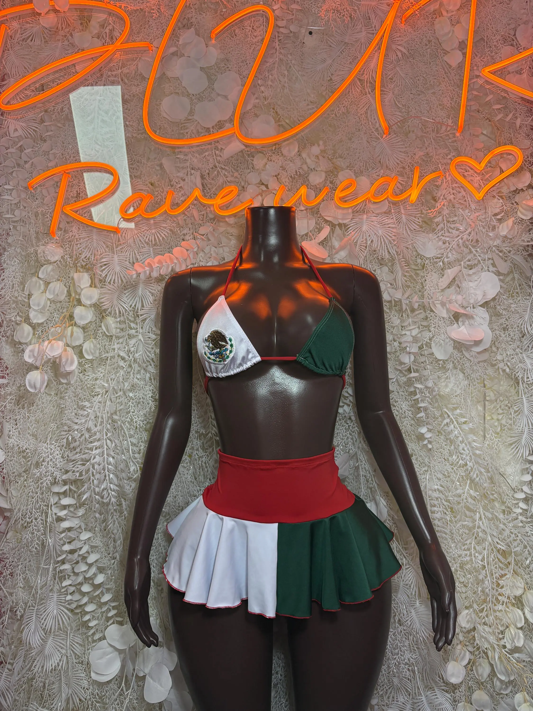 Women's Mexican Flag 2-Piece Outfit, Red-Green-White Mid-Thigh Skirt Set, Festival Wear