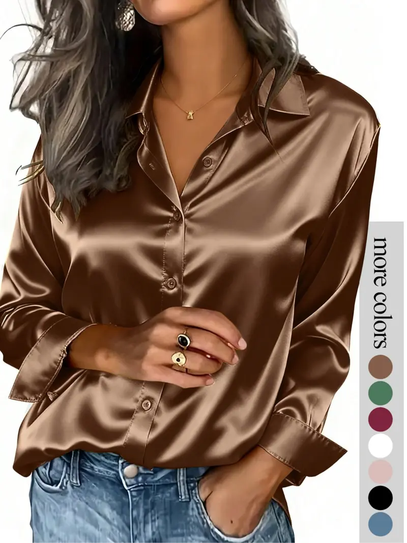 Women's solid color satin button-down long-sleeved casual shirt, made of fashionable silk fabric, suitable for casual office wear and commuting, and appropriate for both spring and autumn.