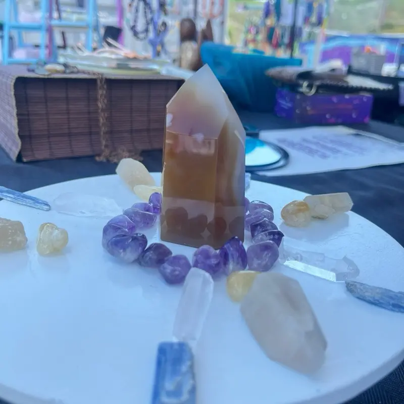 Crystal Grid Agate Point - Grounding  Amethyst - Calming  Lemurian - Supportive  Citrine - Abundance  Kyanite - Calming  $88
