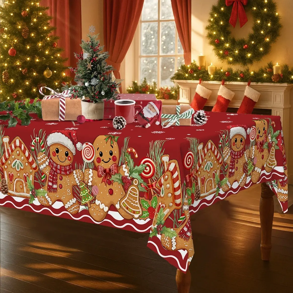 Tablecloth 1pc Gingerbread Men'S Holiday Christmas Tablecloth, Snowflake And Bow Design - Red Polyester Fiber, Round, Rectangular, Kitchen, Dining, Garden And Holiday Party Machine Manufacturing, Christmas Table Decoration