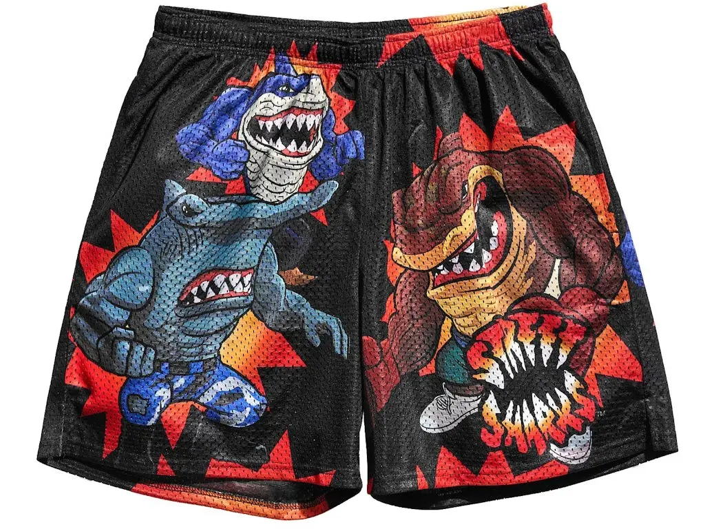Chalk Line Street Sharks Trio Retro Shorts – Premium Animated Mesh Athletic Shorts for Men | Midweight Gym Shorts | Retro Streetwear & Everyday Casual Wear