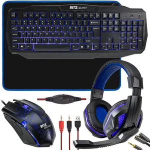 Ritz Gear 4-in-1 LED Backlight Gaming Kit (Blue) — Keyboard, Mouse, Headset & Mouse Pad Bundle