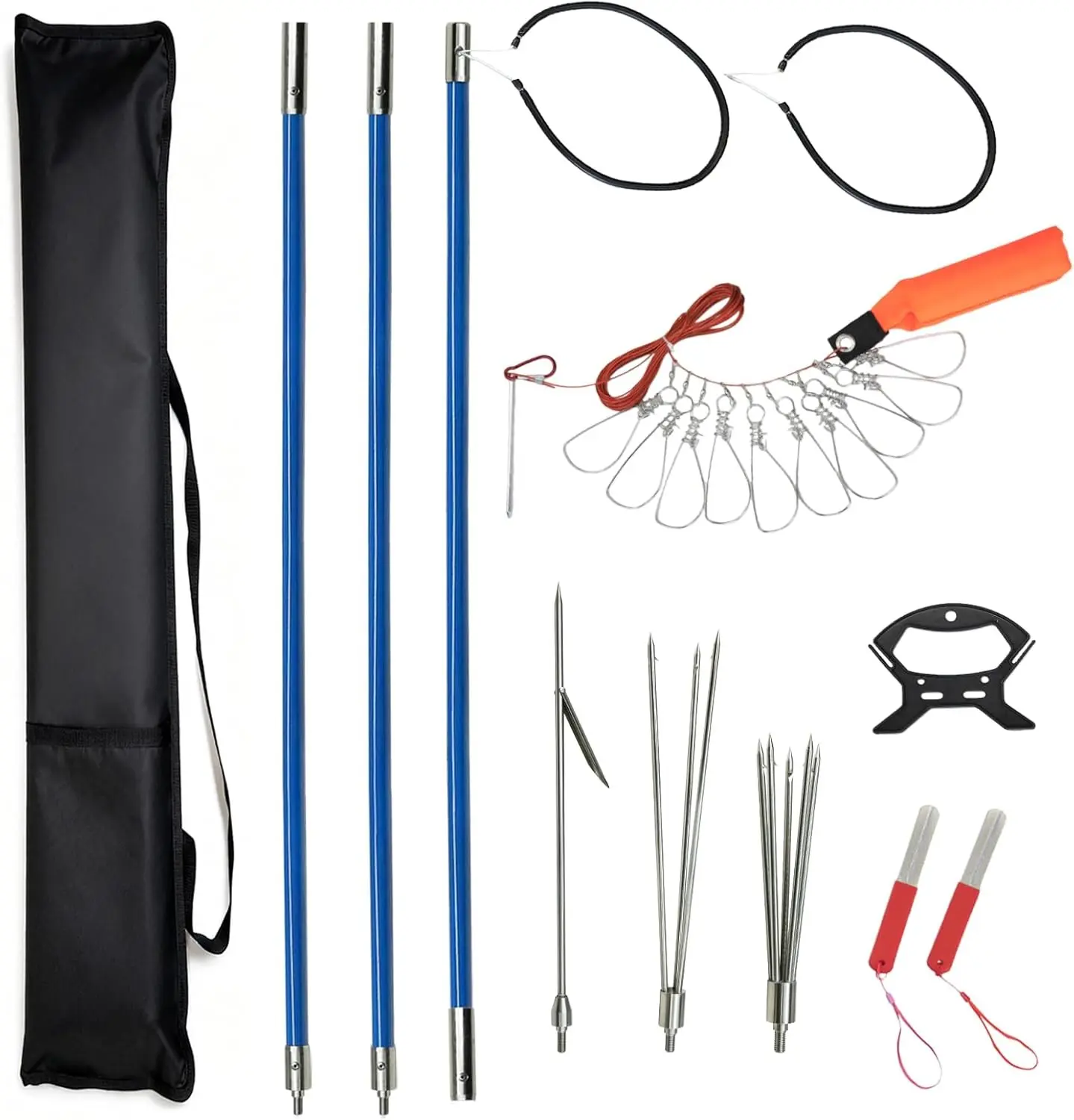 Fiberglass Spearfishing Pole Spear Set with 3 Replaceable Stainless Steel Tips, Fish Line Holder, Sharpening Files and Carry Bag for Outdoor Fishing