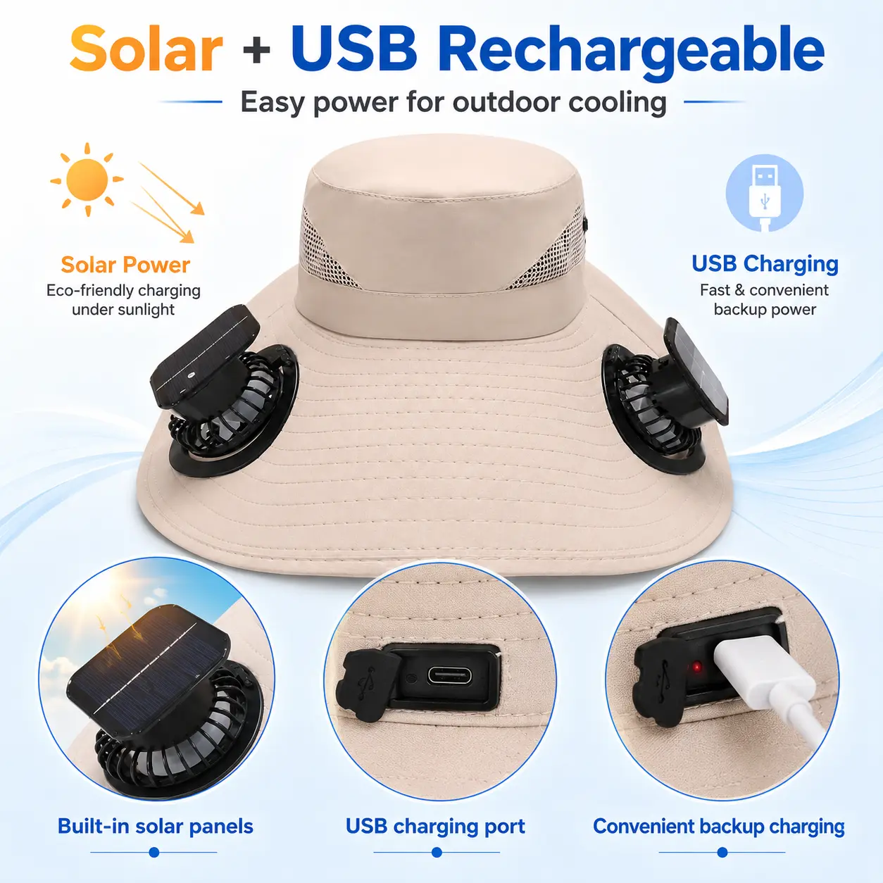 Unisex Solar-Powered USB-Rechargeable Wide Brim Cooling Bucket Hat with Dual Fans, 3-Speed Control, Lightweight Breathable Mesh Panels, Hands-Free Sun Shade for Hot Weather Gardening, Outdoor Activities, Wide Brim Hat, Travel, Beach Hat
