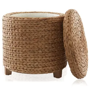 Casafield 17" Round Storage Ottoman with Lid, Cinnamon Water Hyacinth, Woven Wicker Footstool for Living Room, Bedroom, Bathroom, Home Office