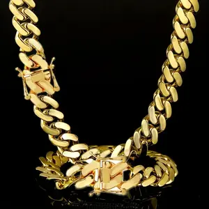 2 Pieces Mia Mi Cuban Chain Necklace Bracelet Men's 18K Gold Plated Stainless Steel Chain Crank Punk Lock Hip Hop Jewelry Set