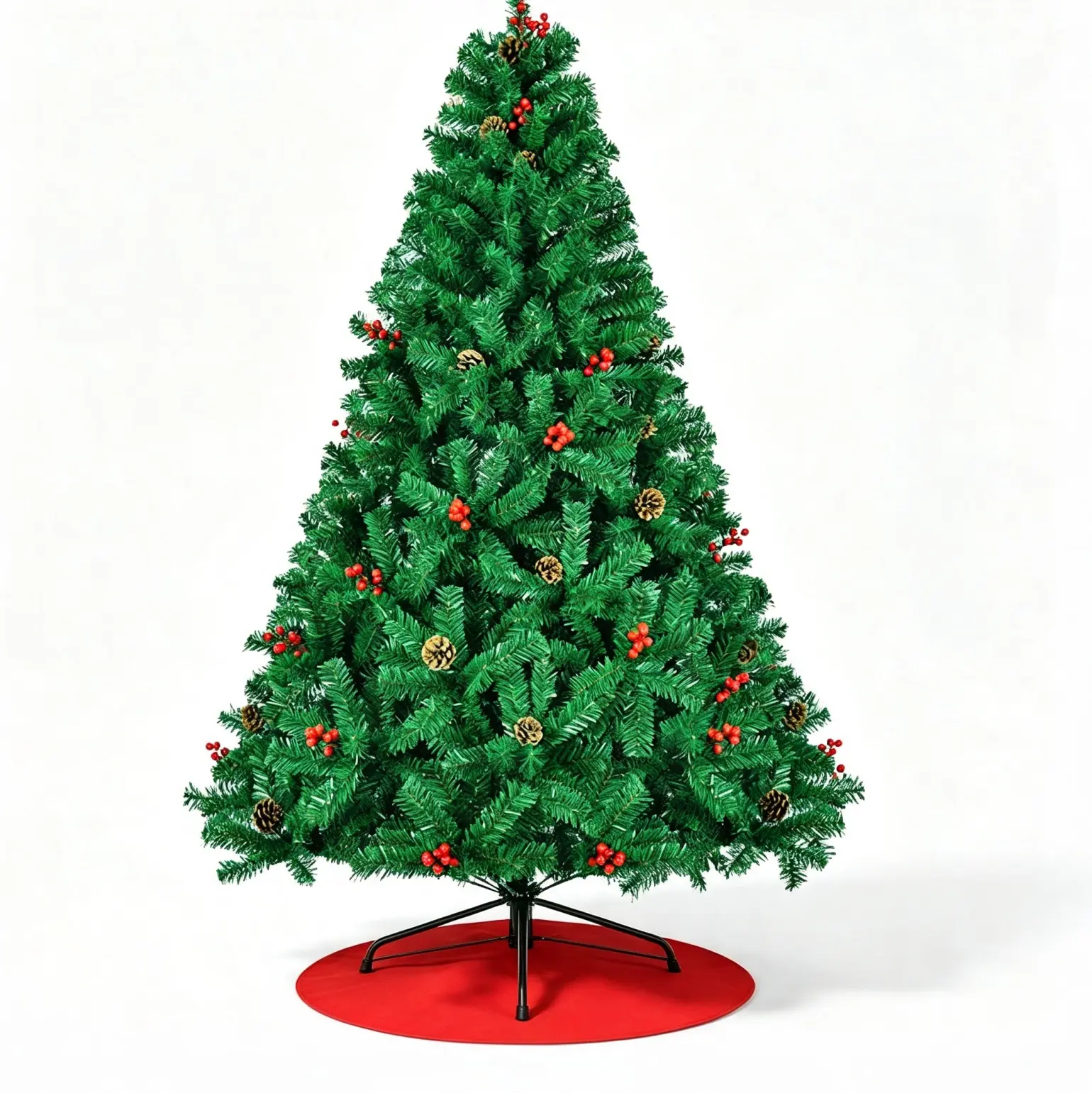 Artificial Christmas Tree with Pine Cones & Red Berries, 7FT/8FT Foldable Metal Stand Full PVC Xmas Tree, Easy Assembly Fluffy Christmas Tree for Home Indoor Holiday Party Decor
