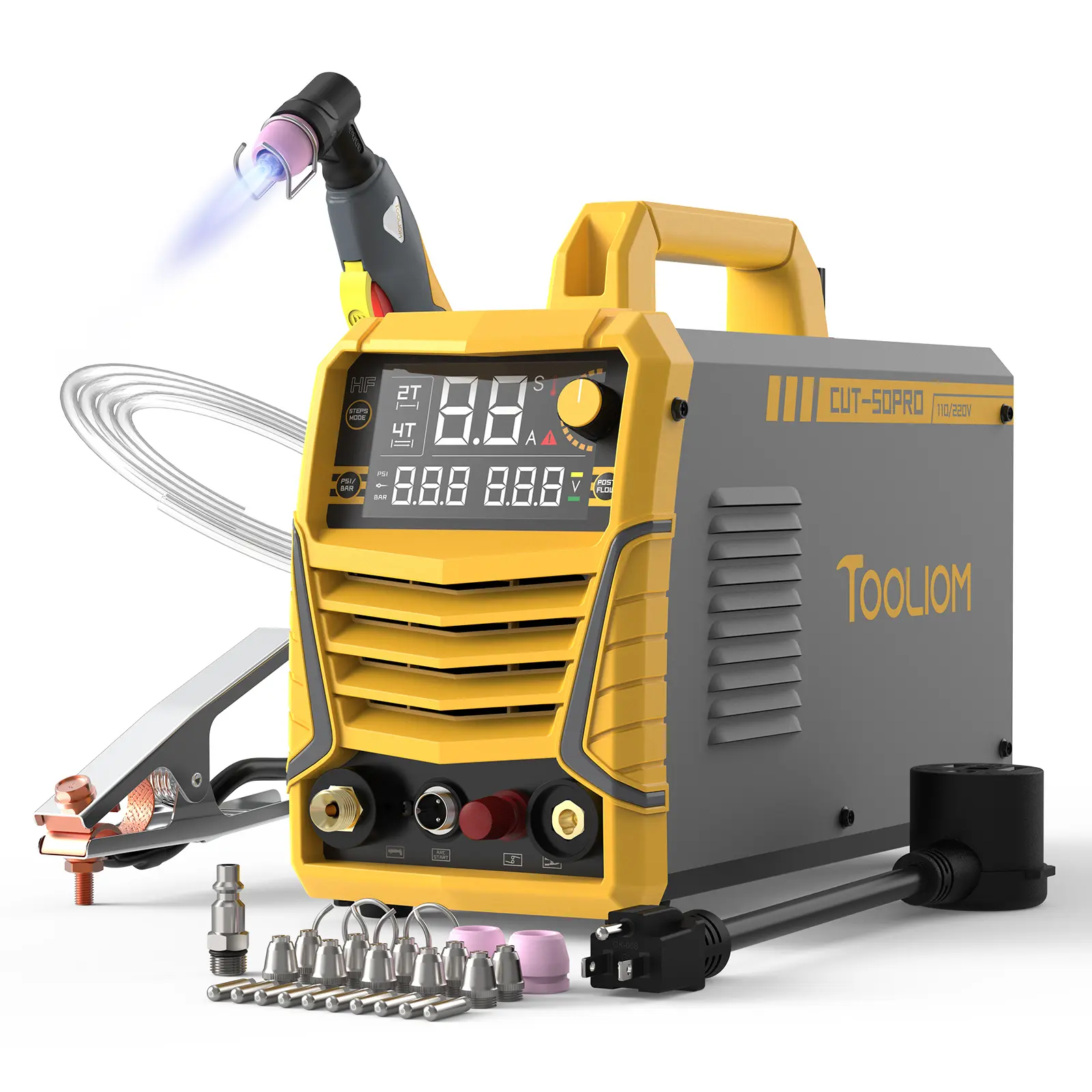 TOOLIOM CUT-50 PRO Plasma Cutter Promo Bundle - 50A 110/220V High Frequency Pilot Arc Plasma Cutting Machine with Extra AG60 Torch Consumables
