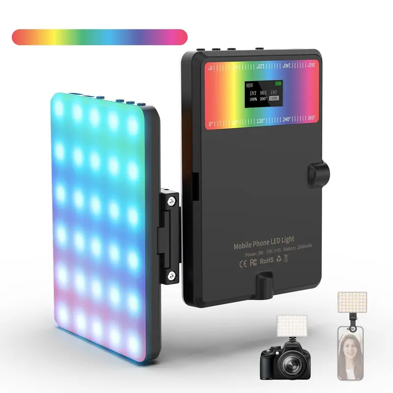 RGB Selfie Light for Camera, 360° Full Color Phone LED Light, 2000mAH Photography Lighting with Clip and Cold Shoe for Phone/Laptop/Camera, Video Light for Selfie/Makeup, Camera Fill Light, Phone Light for Video Recording, Birthday Gifts