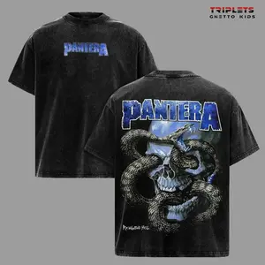 Pantera Vintage Washed T-Shirt, Heavy Metal Skull Snake Graphic Tee, Retro Rock Band Oversized Shirt, Acid Wash Streetwear Unisex Black Cotton Tee Q0F