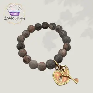 Pink Zebra Jasper bracelet With Lock and Key charm