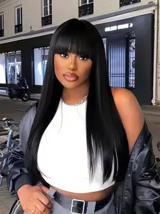 Black Straight Wig with Bangs Straight bangs, heat-resistant synthetic hair Glueless easy-to-wear water wave curly wig Suitable for daily wear & cosplay, beginner friendly, 28 inches