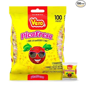 Vero PicaFresa - Strawberry Flavored Chewy Gummy Candy Treats - 100 Piece - (1 LB, 5.15 Ounces Each) - Individually Wrapped Mexican Candy Perfect for Piñatas, Halloween, and More