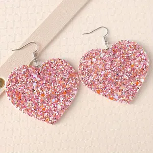 A Pair of Valentine'S Day Women'S Earrings Valentine'S Day Blingbling Pink Sequin Heart Earrings Ladies Faux Leather Earrings Valentine'S Day Earrings Gift